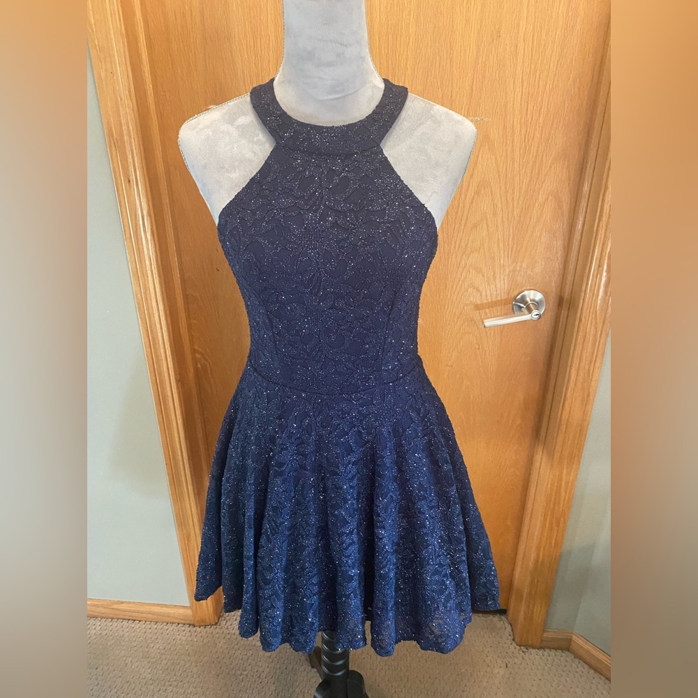 B. Smart Juniors Navy Blue Lace Sequin Halterneck Mini Party Dress Size 7